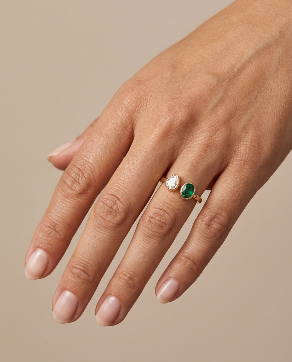 14KT Yellow Gold Emerald and Diamond Ring on model