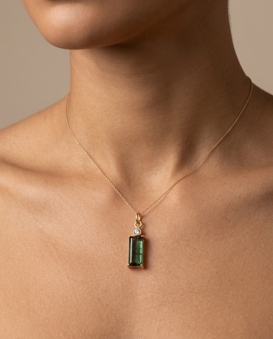 14KT Yellow Gold Tourmaline and Diamonds Pendant on model