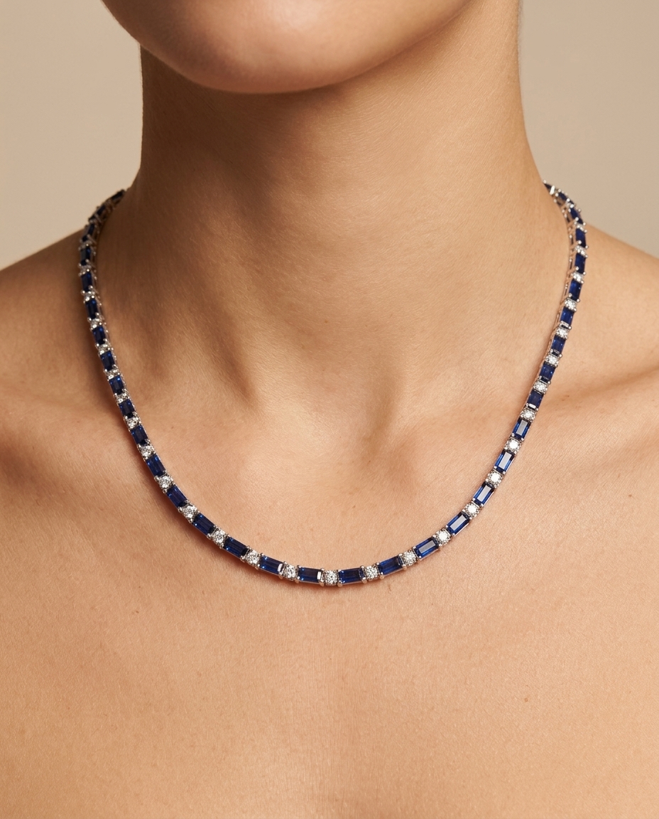 18KT Gold Diamond and Blue Sapphire Necklace view 2