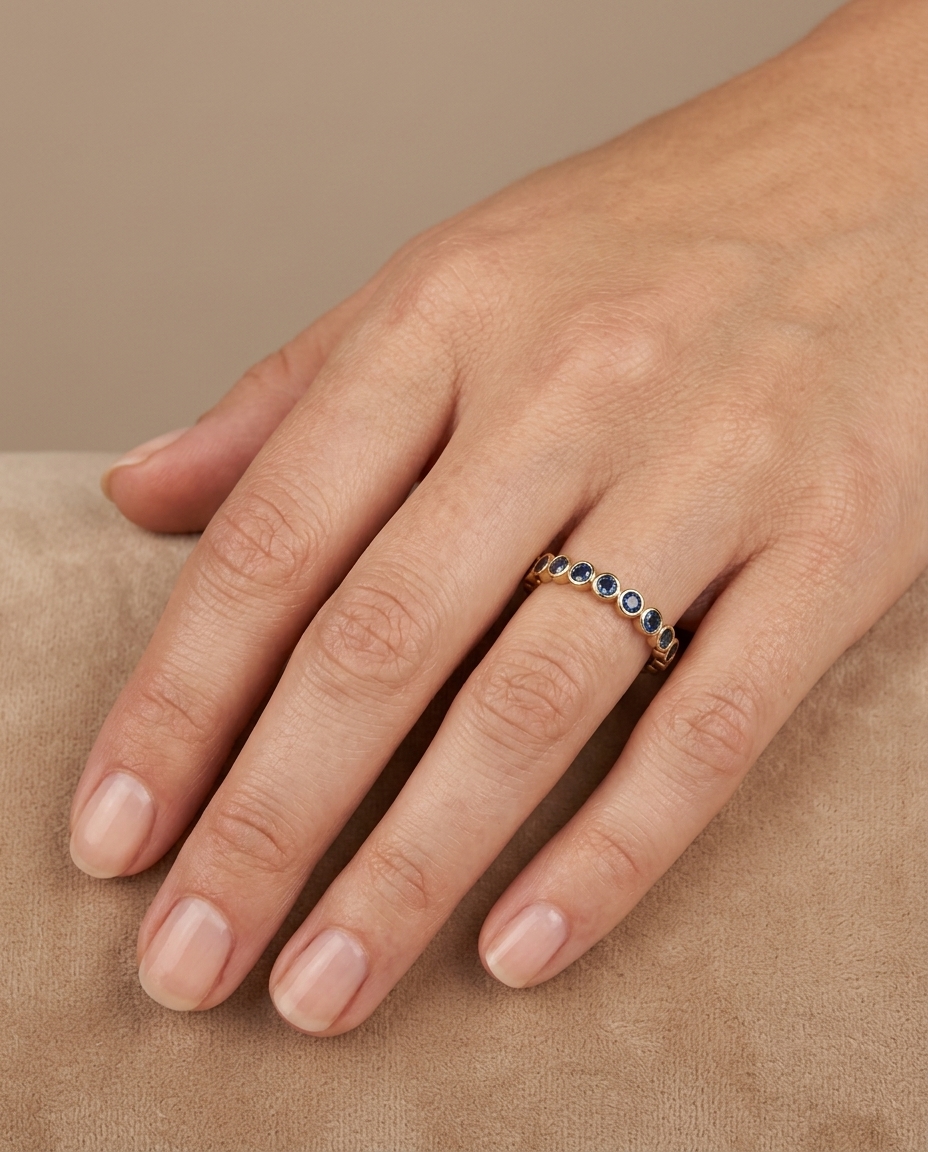 14KT Gold Blue Sapphire Ring on model