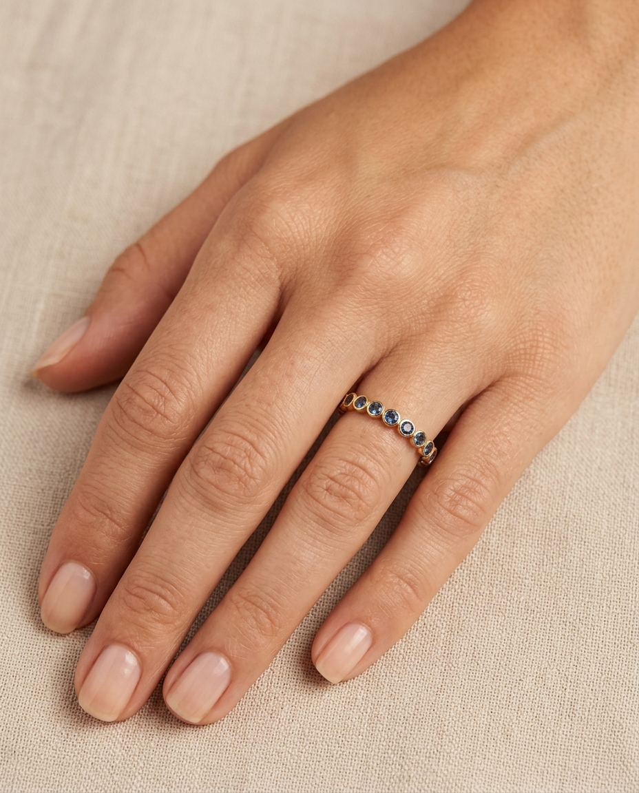 14KT Gold Blue Sapphire Ring on model