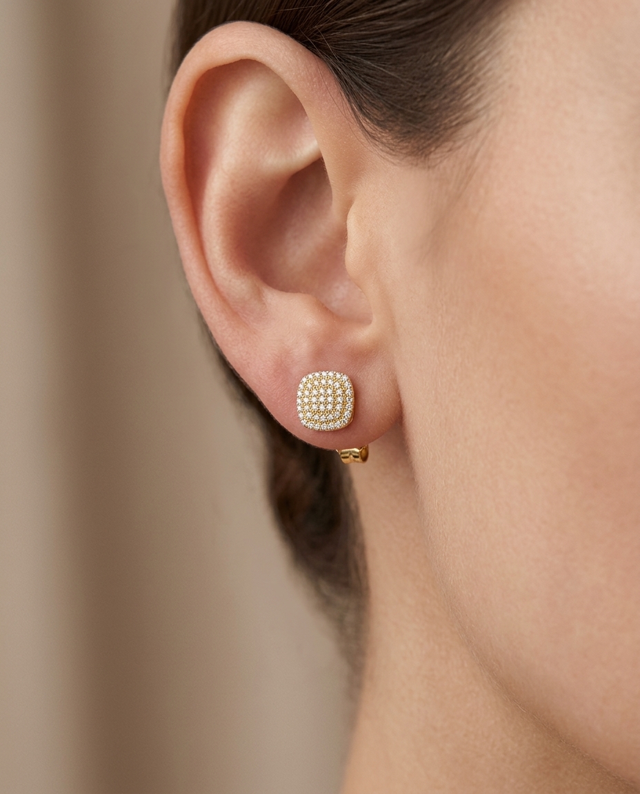 14KT Yellow Gold Diamond Earring Square Studs on model