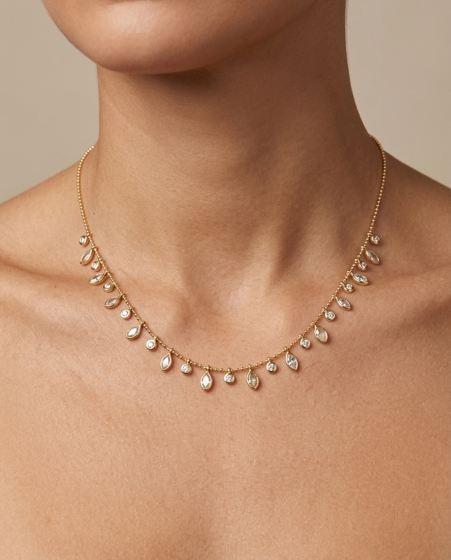 14KT Yellow Gold Diamond Dangling Necklace on model