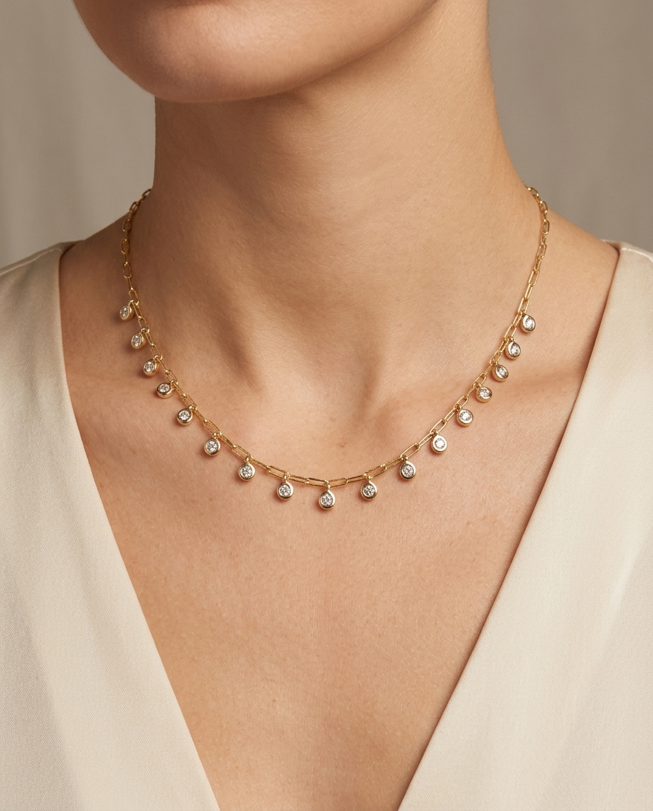 14KT Yellow Gold Diamond Dangling Necklace on model