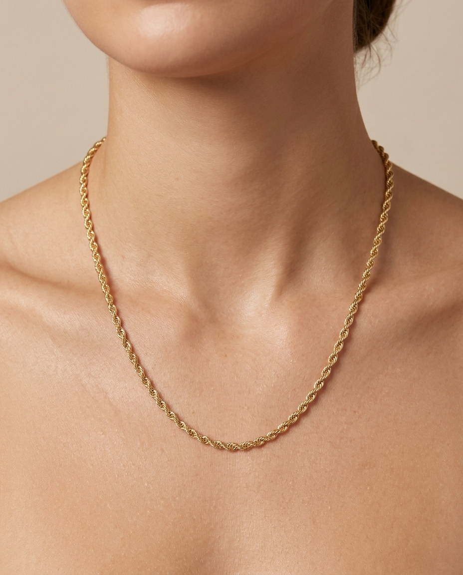14KT Gold Rope Chain Necklace on model