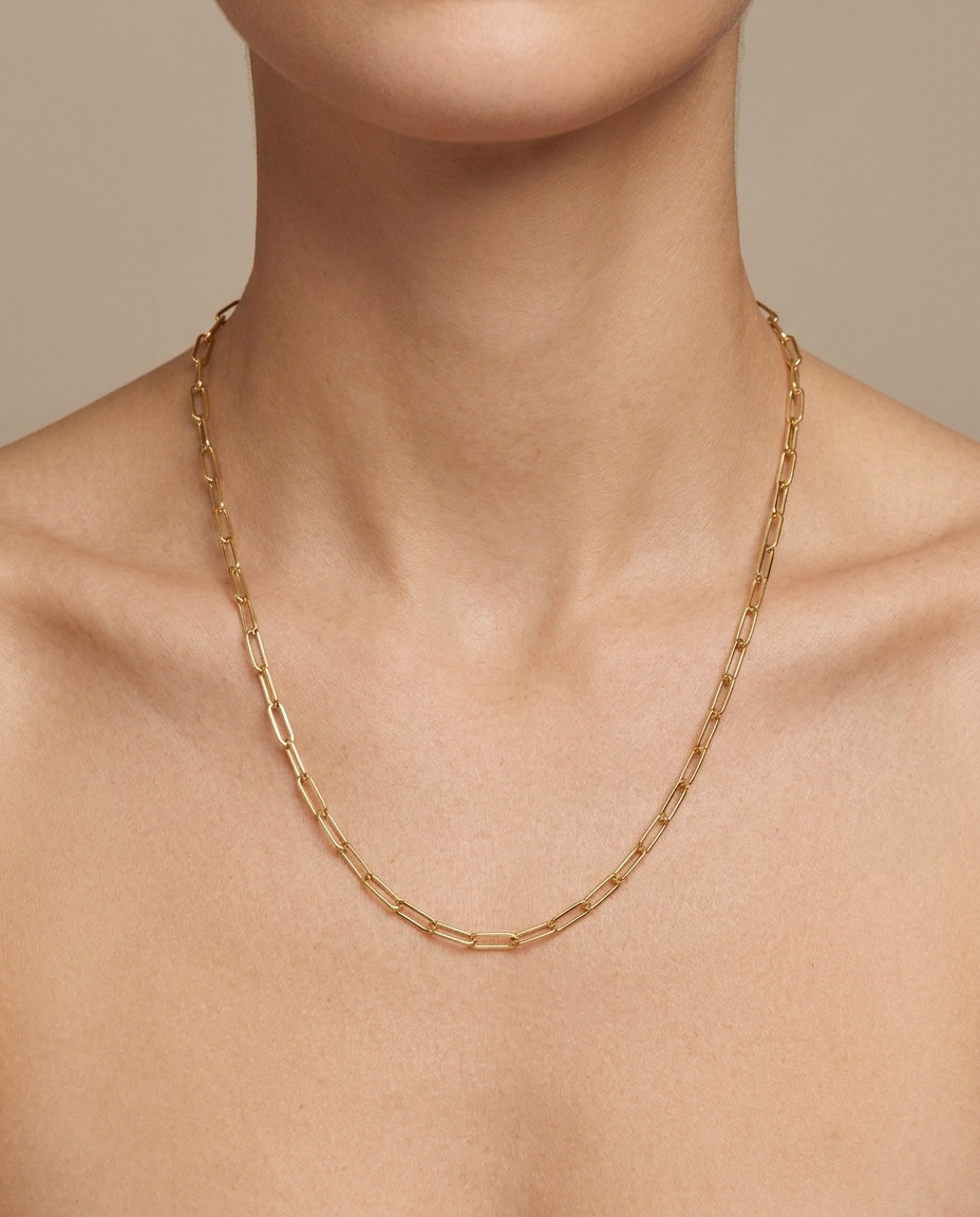 14KT Gold Flat Paperclip Necklace on model