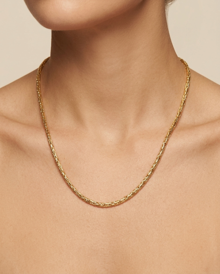 14KT Gold Byzantine Chain Necklace on model