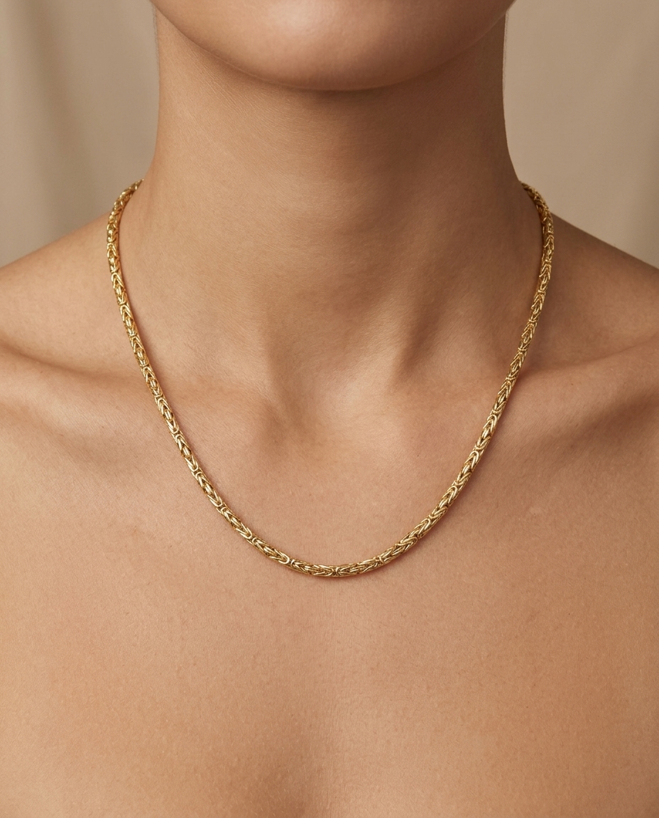 14KT Gold Byzantine Chain Necklace on model