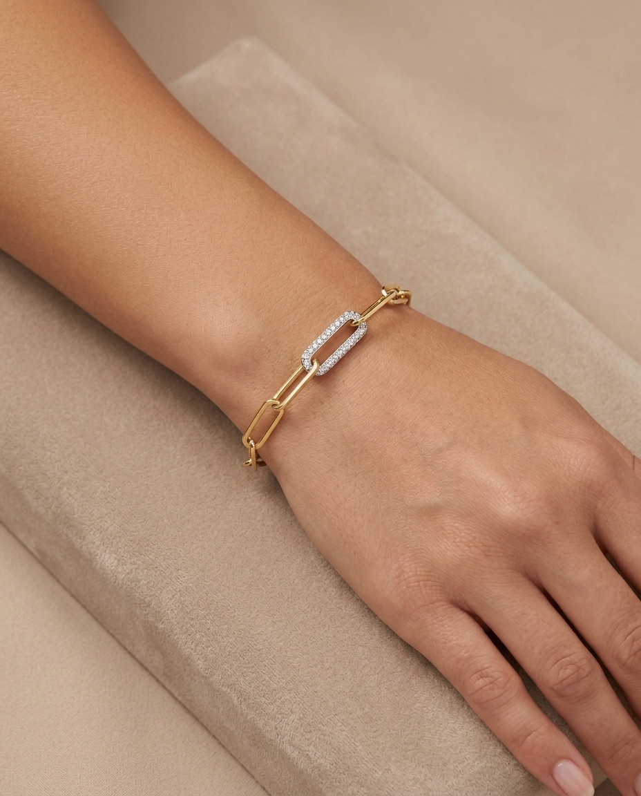 14KT Gold Paperclip Chain with One Diamond Link Bracelate on model