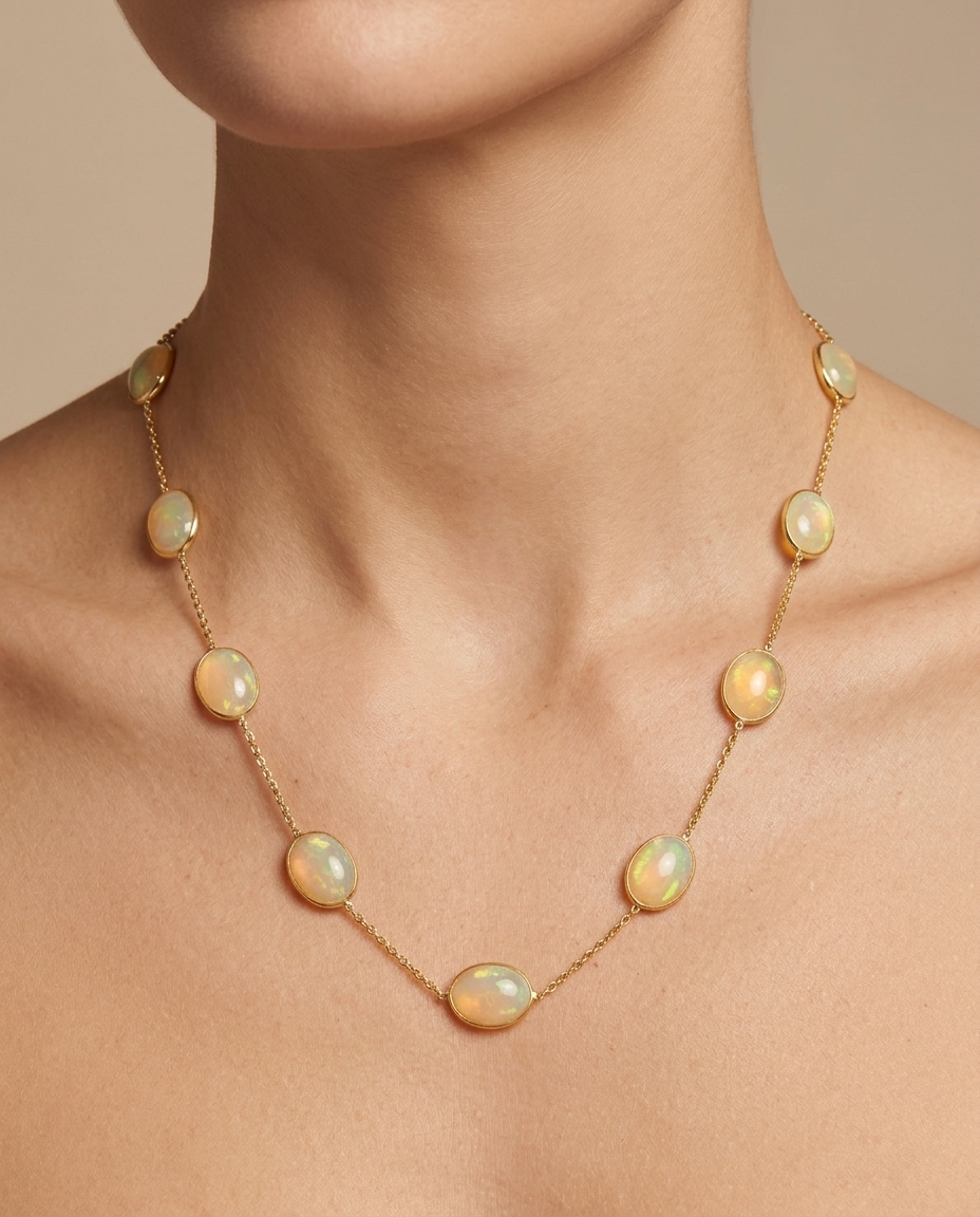 18KT Gold Bazeled Opal Station Necklace view 2