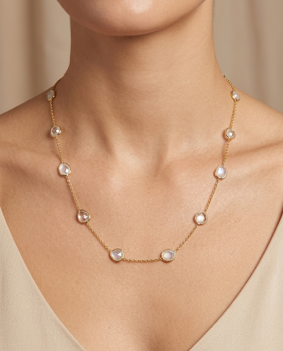 18KT Gold Bazeled Diamond Slice Cut Station Necklace on model