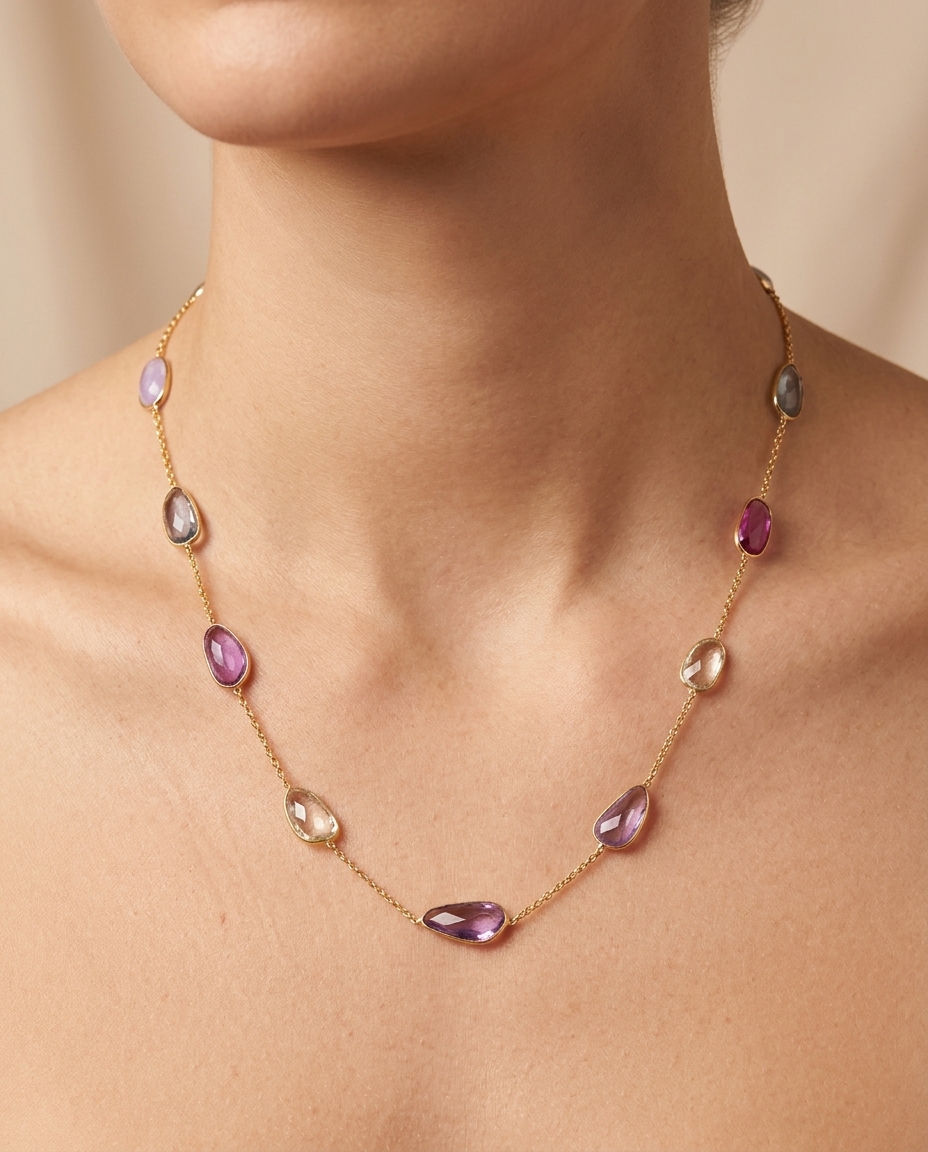 18KT Gold Bazeled Multi Sapphire Slice Cut Station Necklace view 2