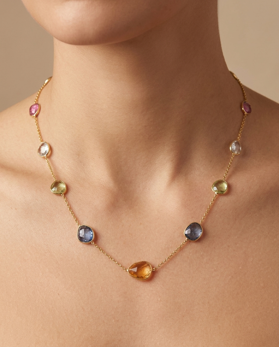 18KT Gold Bazeled Multi Sapphire Slice Cut Station Necklace view 2