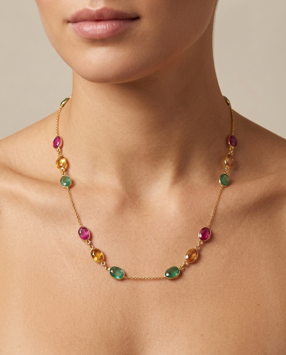 18KT Gold Bazeled Multi Sapphire Station Necklace on model