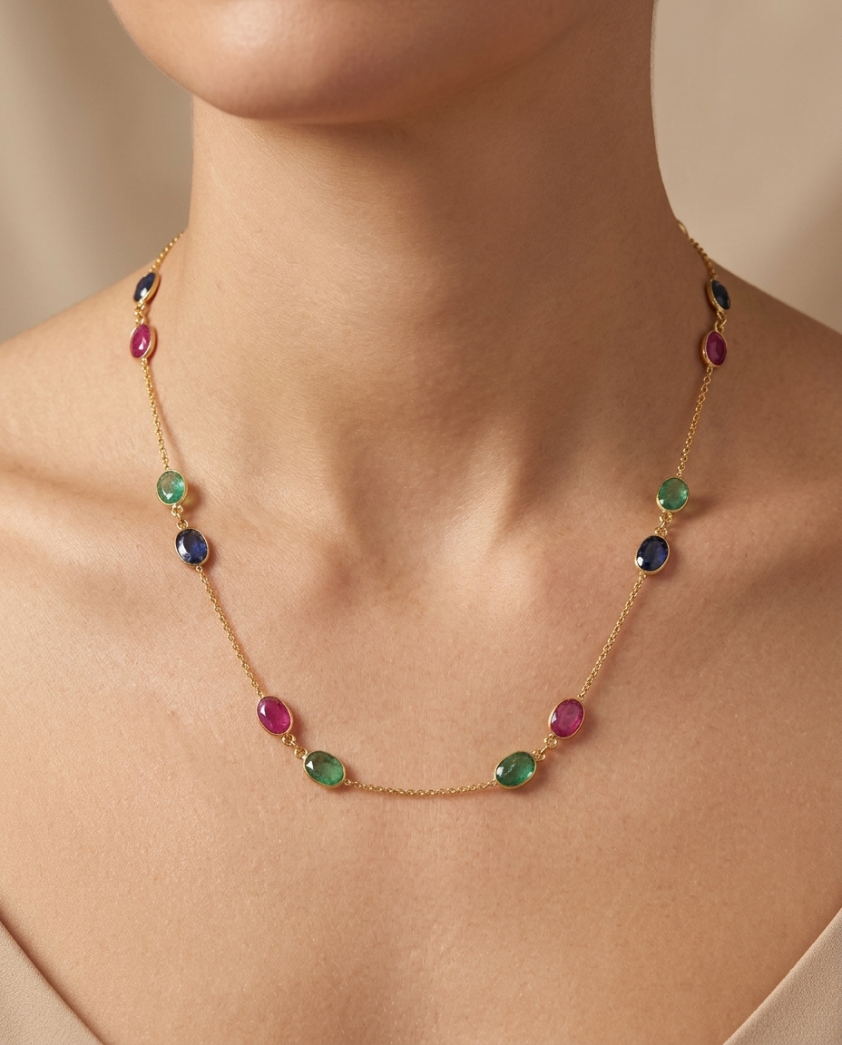 18KT Gold Bazeled Multi Sapphire Station Necklace view 2