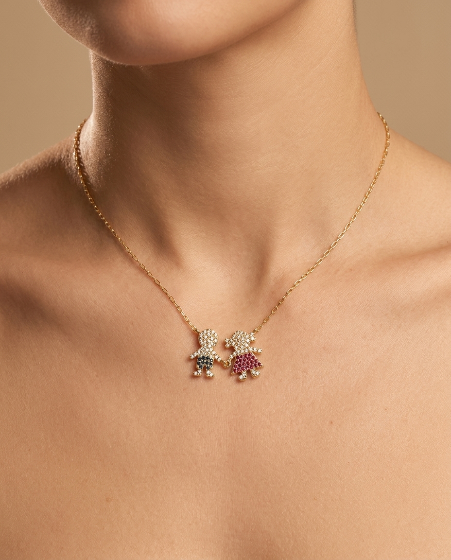 14KT Gold Ruby Blue Sapphire and Diamond Boy and Girl Pendant Necklace view 2