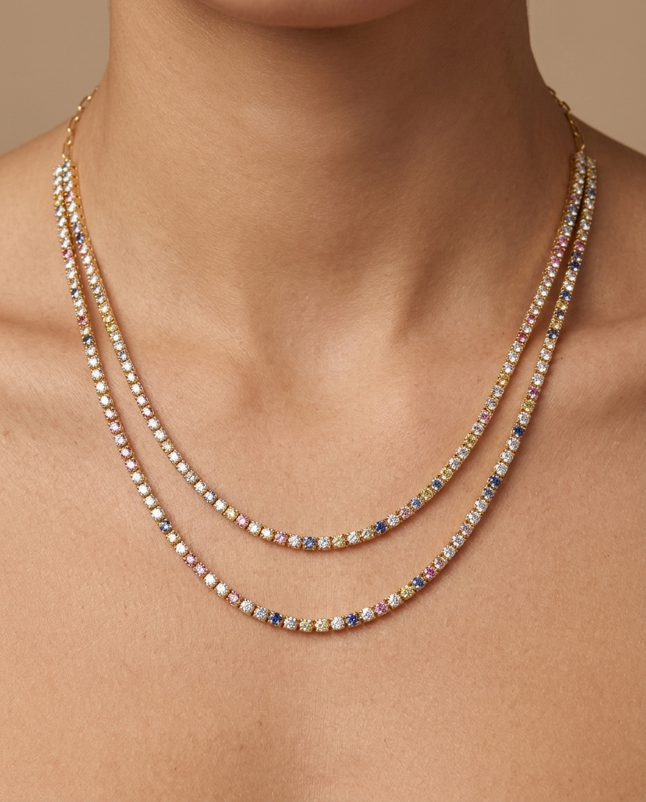 14KT Yellow Gold Diamond Two Line with Paperclip Chain Necklace on model
