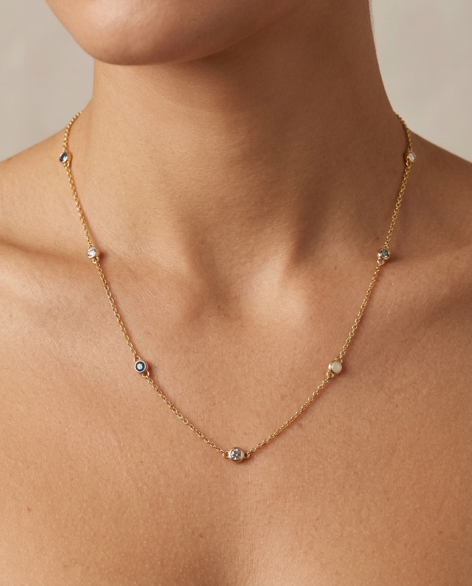 14KT Gold Diamond Station Necklace on model