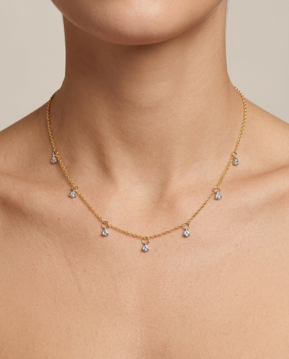 14KT Gold Trillion Diamond Necklace 18" on model