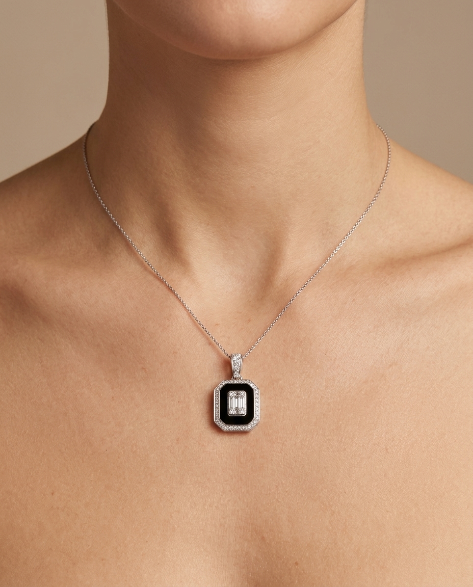 18KT Yellow Gold Black Onyx Pendant with Emerald and Diamonds on model