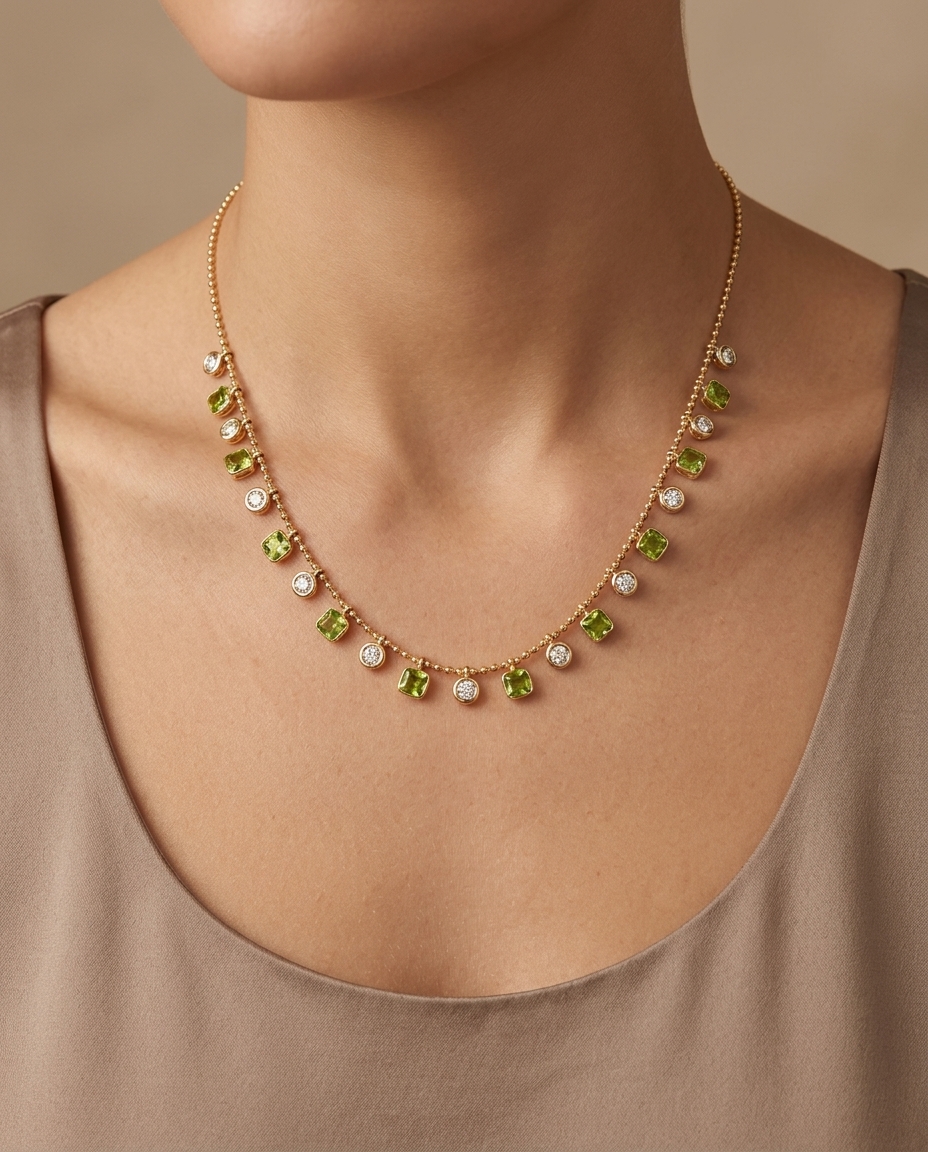 14KT Yellow Gold Square Shape Green Sapphire and Diamond Dangling Necklace on model