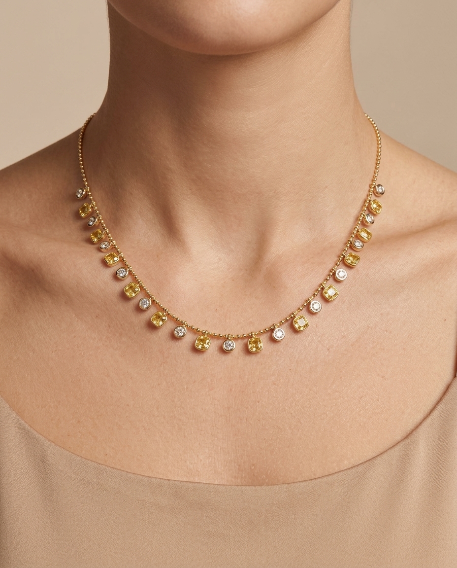 14KT Yellow Gold Square Shape Yellow Sapphire and Diamond Dangling Necklace on model