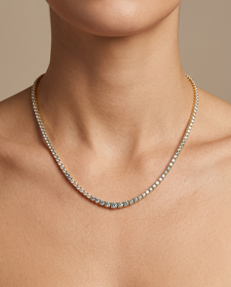18KT Yellow Gold Diamonds Graduated Necklace on model