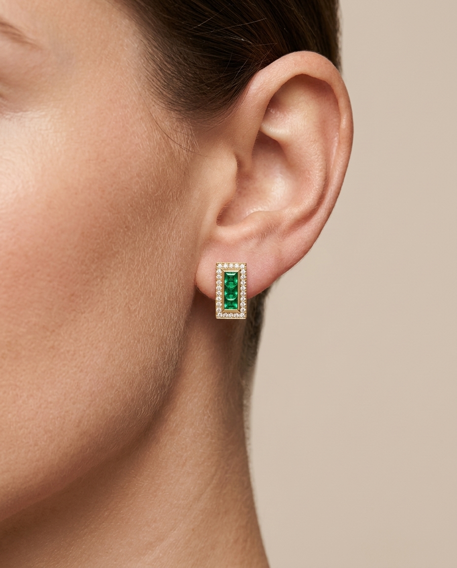 14KT Yellow Gold Emerald and Diamonds Earing on model