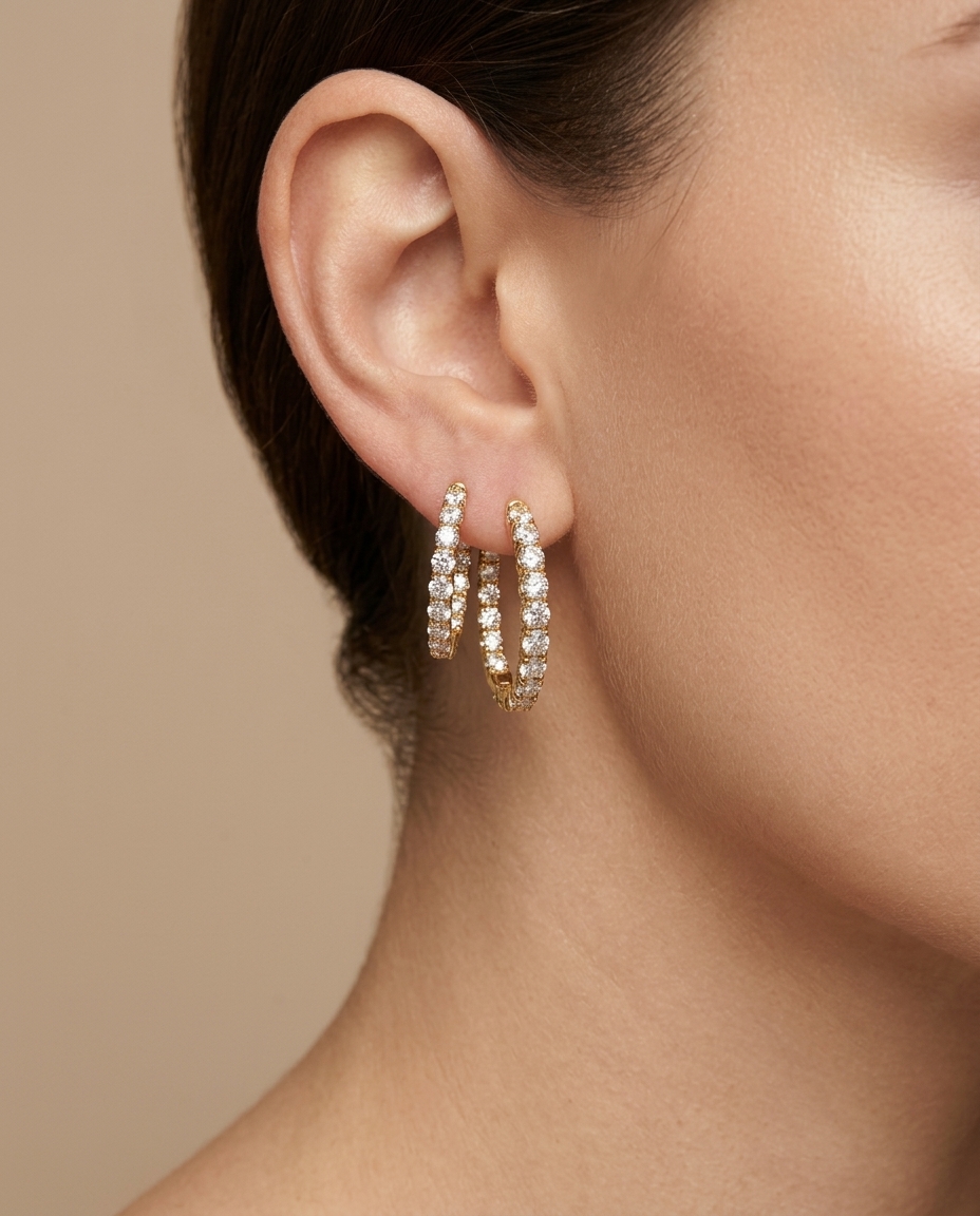 14KT Gold Diamond Huggies Earring on model