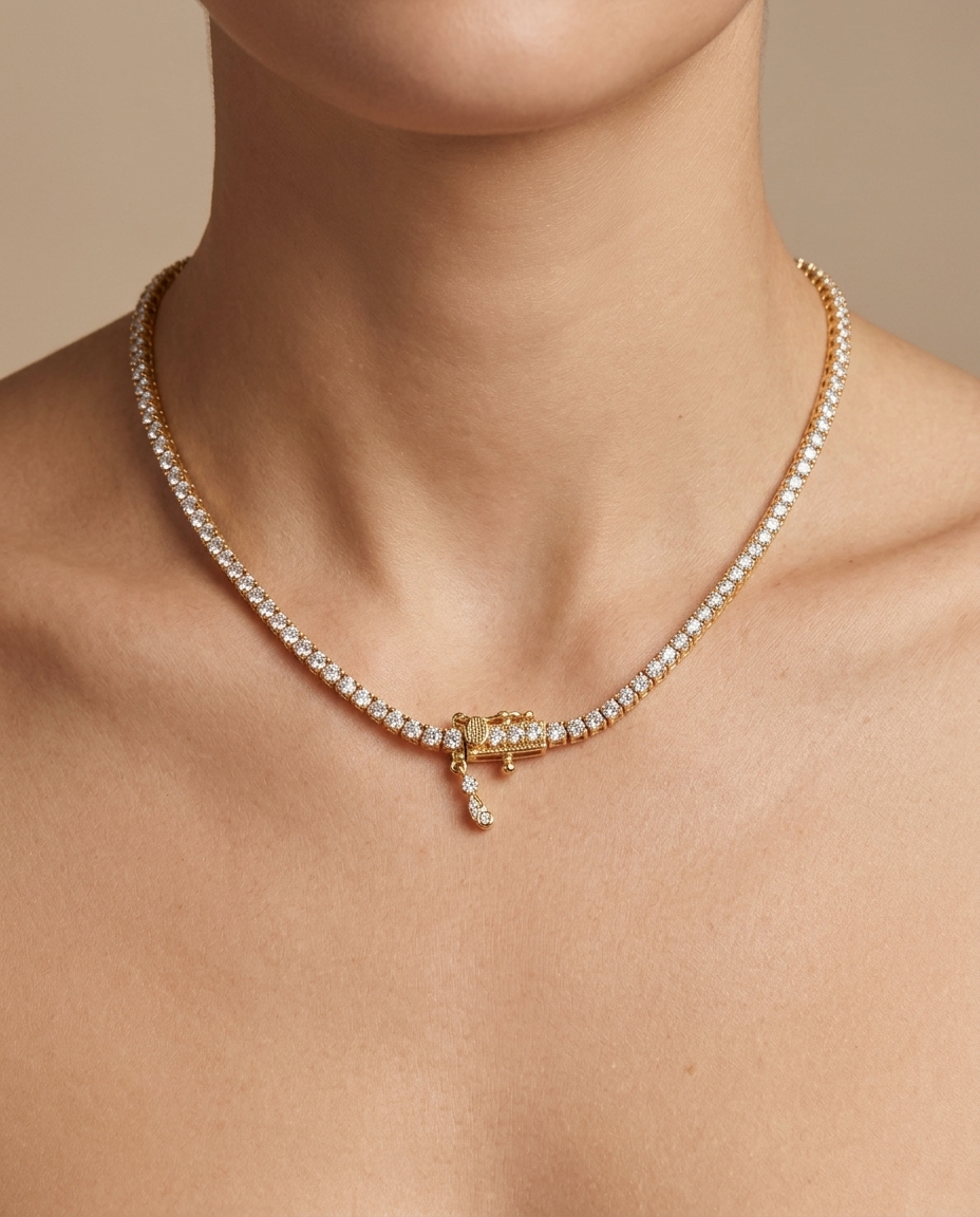 18KT Gold Diamonds Tennsis Necklace on model