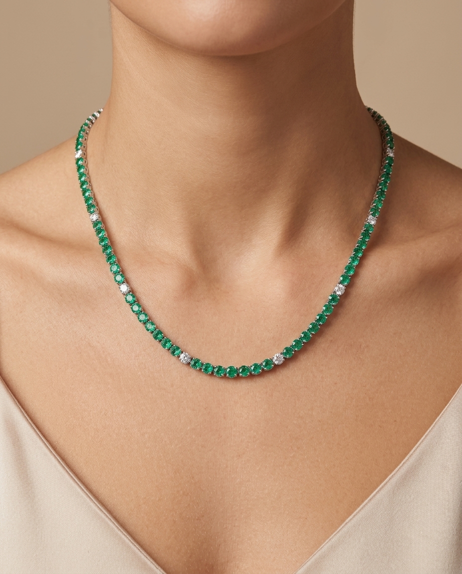 14KT White Gold Emerald and Diamond Tennis Necklace on model