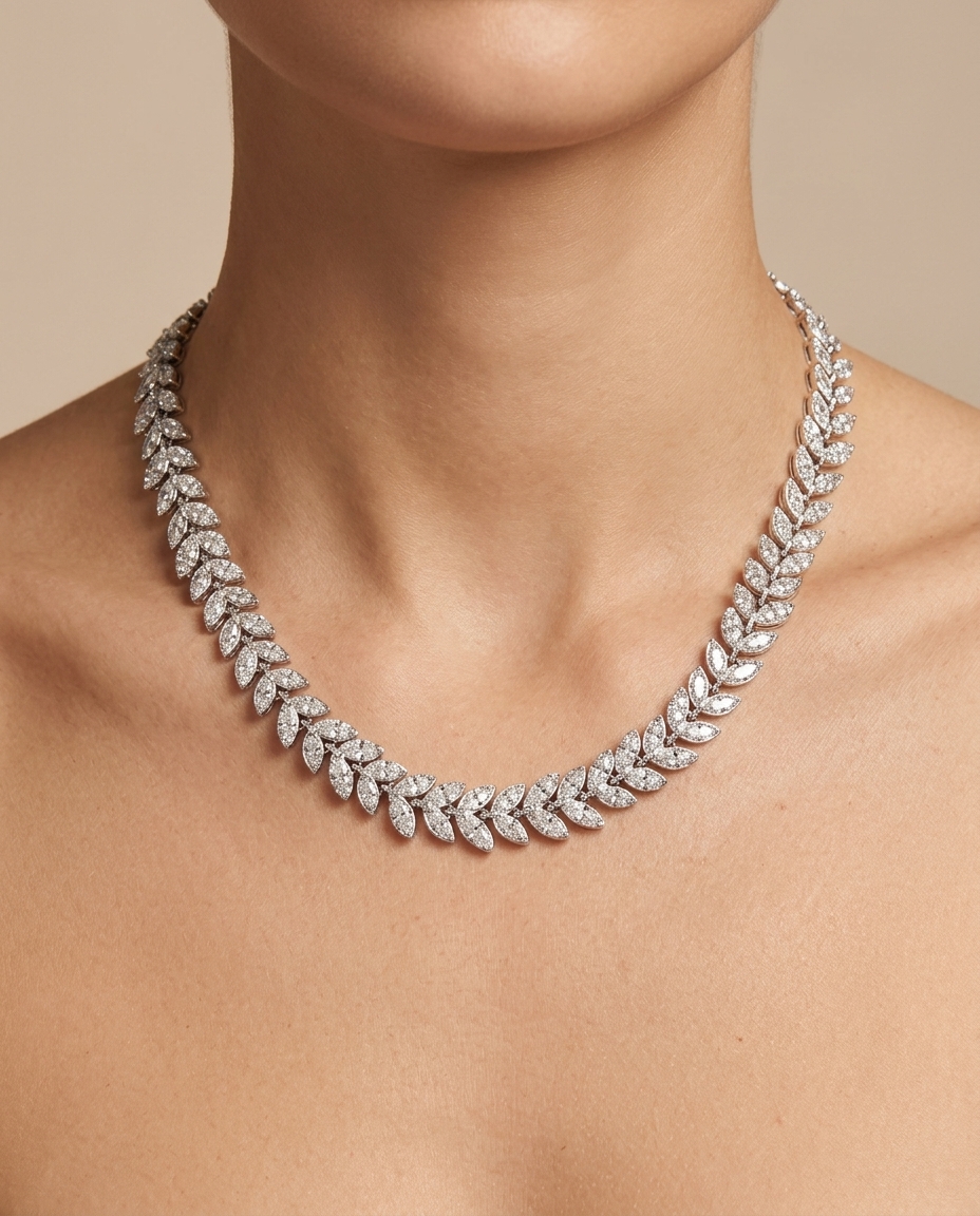 14KT White Gold Diamond Leaf Necklace view 2