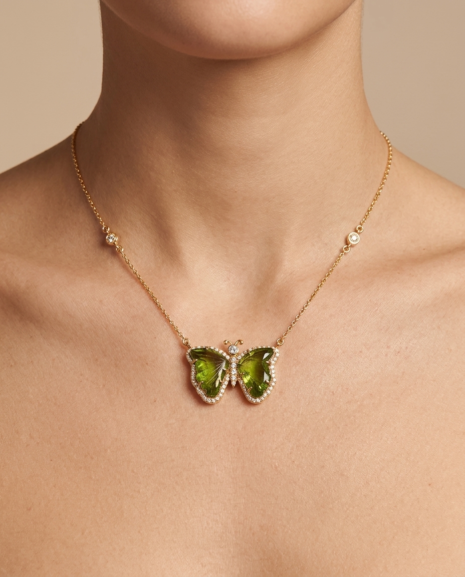 14KT Yellow Gold Watermelon Tourmaline and Diamonds Butterfly Necklace view 2