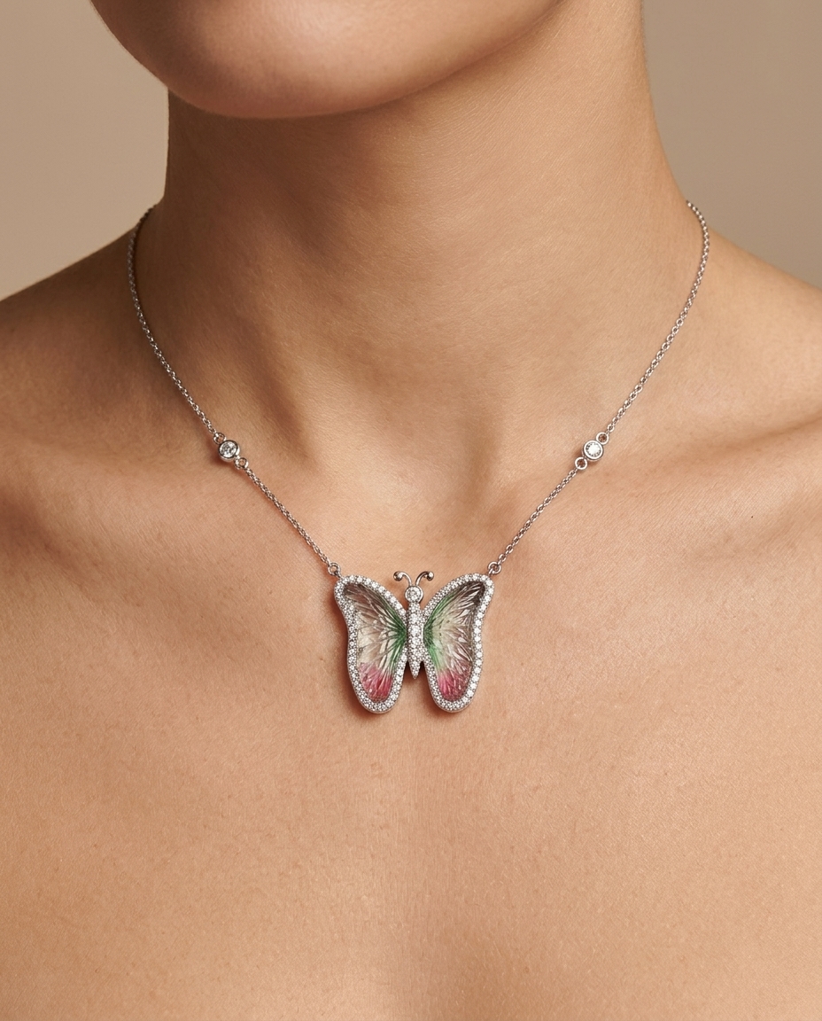 14KT White Gold Watermelon Tourmaline and Diamonds Butterfly Necklace view 2