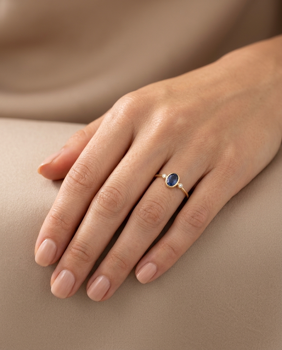 14KT Yellow Gold Sapphire and Diamonds Ring on model