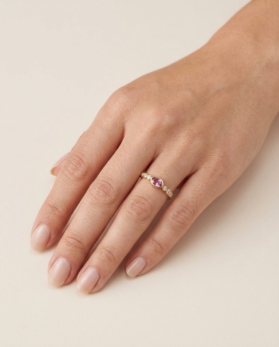 14KT Yellow Gold Pink Sapphire and Diamonds Ring view 2