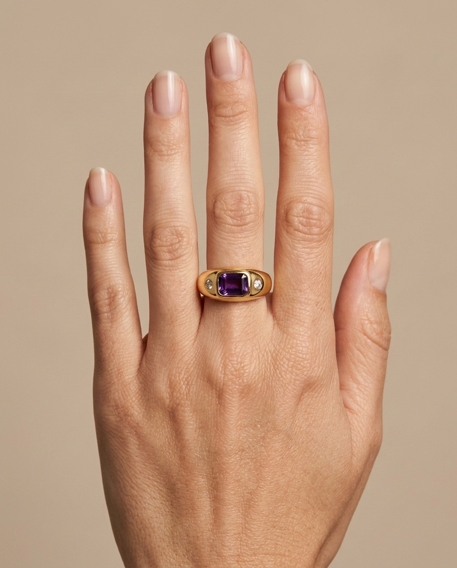 14KT Yellow Gold Amethyst Ring with Diamonds on model