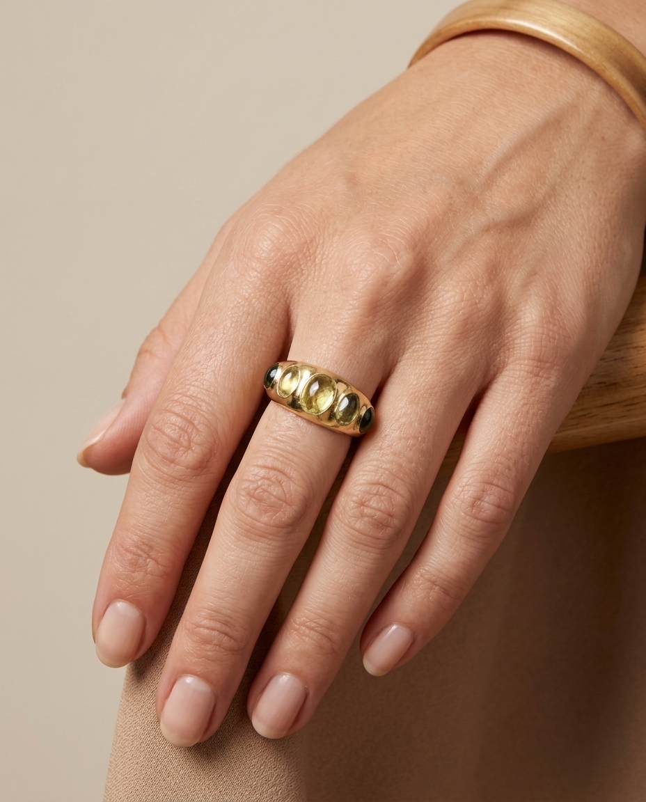 14KT Yellow Gold Opal Gypsy Style Ring on model