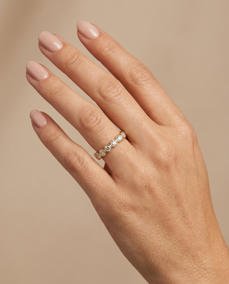 18KT Gold Diamond Bezel Eternity Band on model