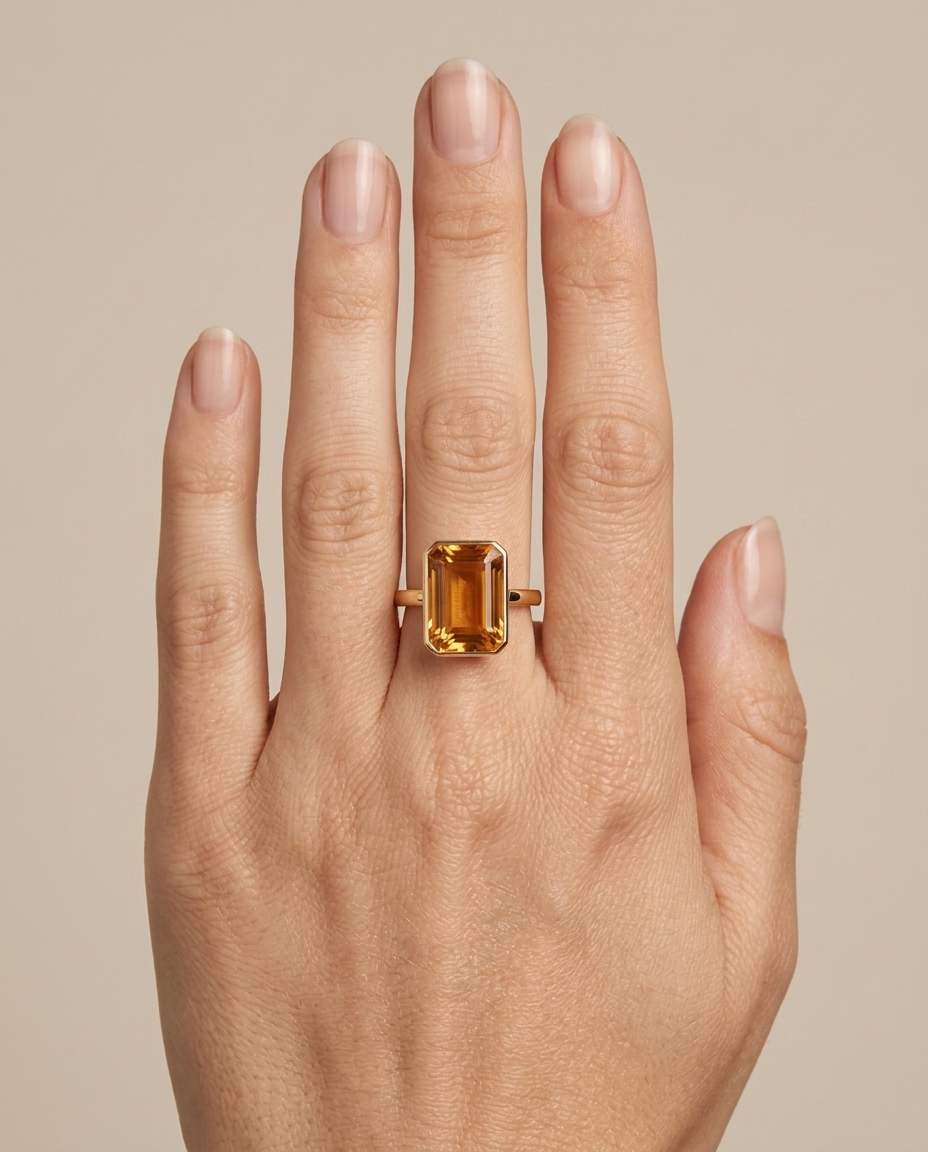 14KT Yellow Gold Citrine Rectangle Ring on model