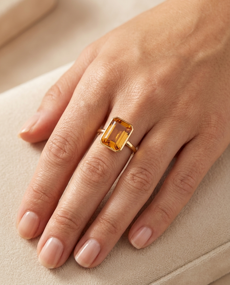 14KT Yellow Gold Citrine Rectangle Ring on model