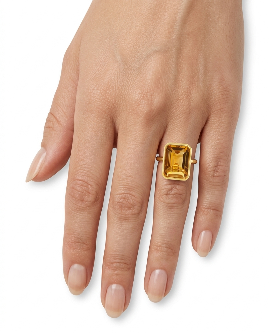 14KT Yellow Gold Citrine Rectangle Ring on model