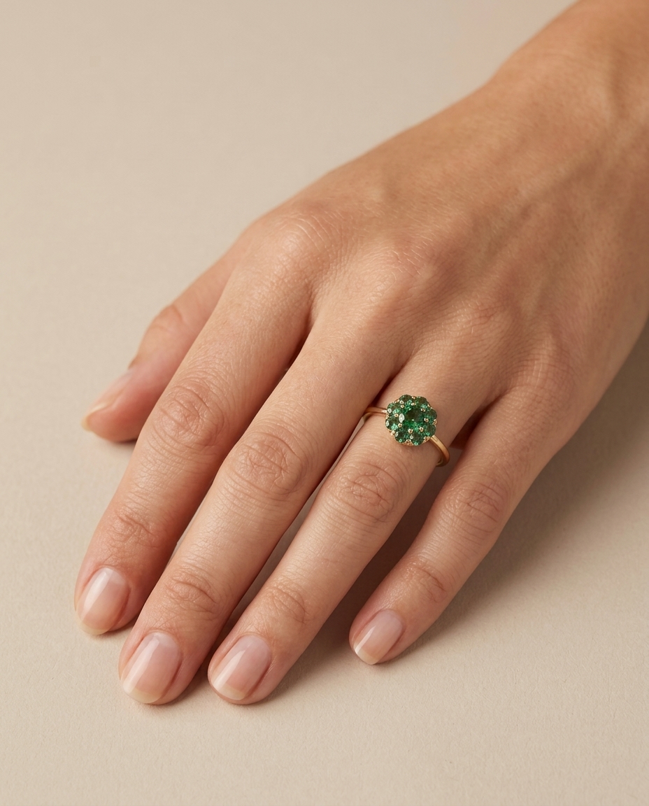 14KT Yellow Gold Emerald Ring on model
