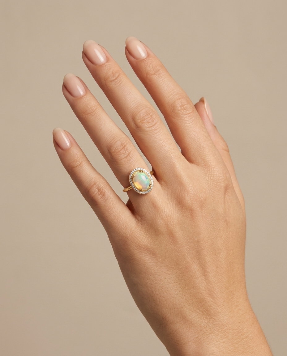 14KT Yellow Gold Opal and Diamond Ring on model