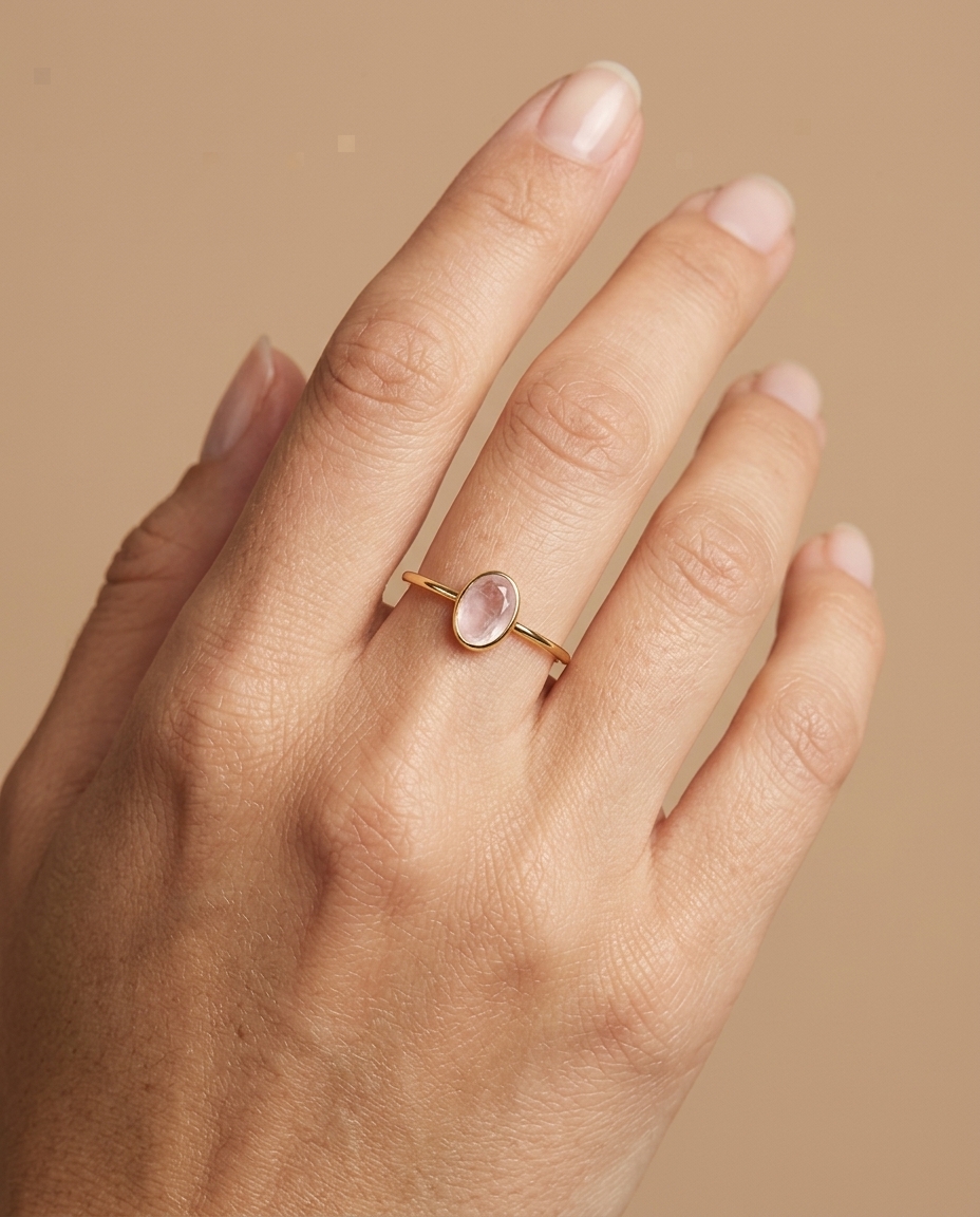 18KT Yellow Gold Pink Sapphire Ring on model