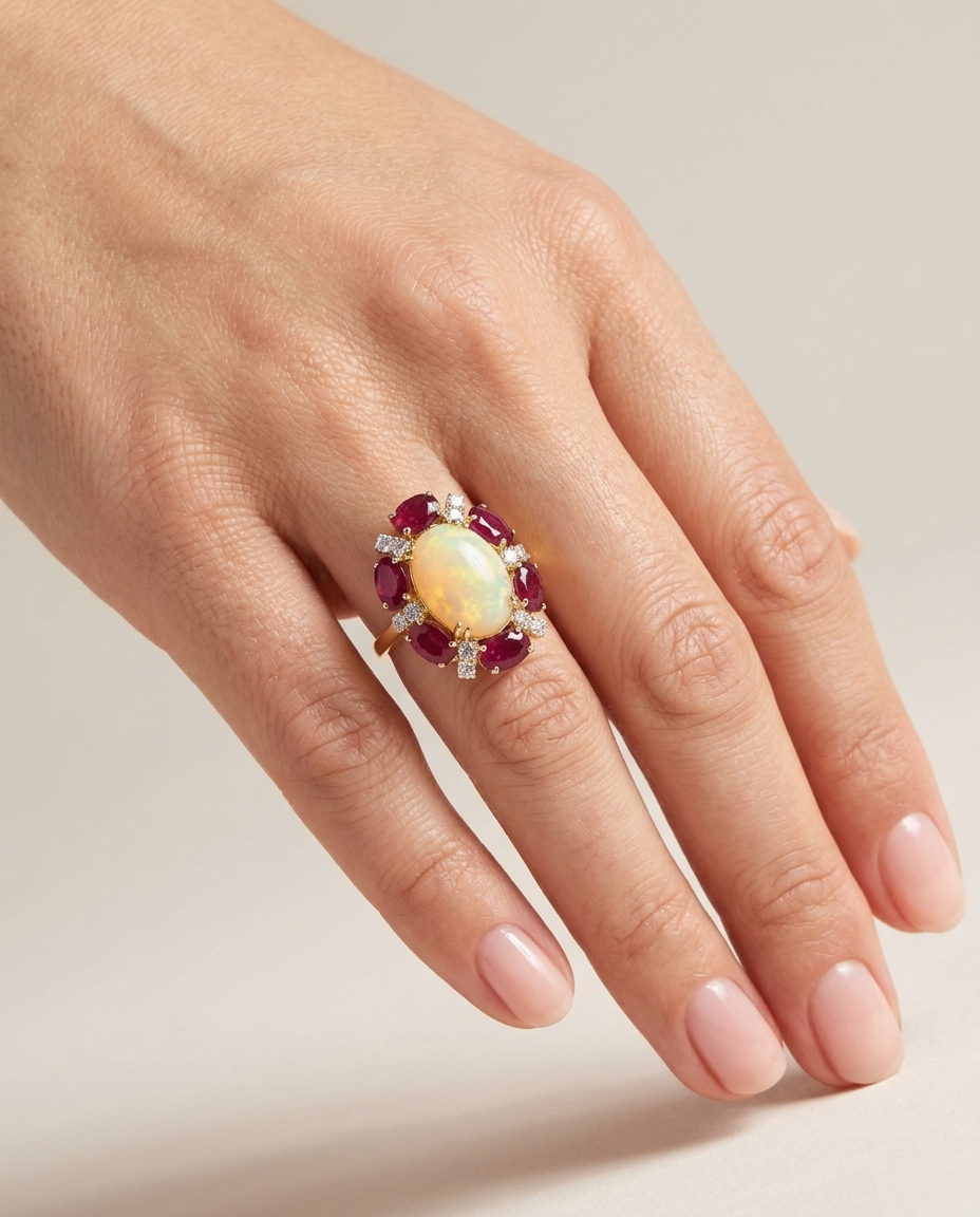 14KT Yellow Gold RUBY, Opal and Diamond Ring on model