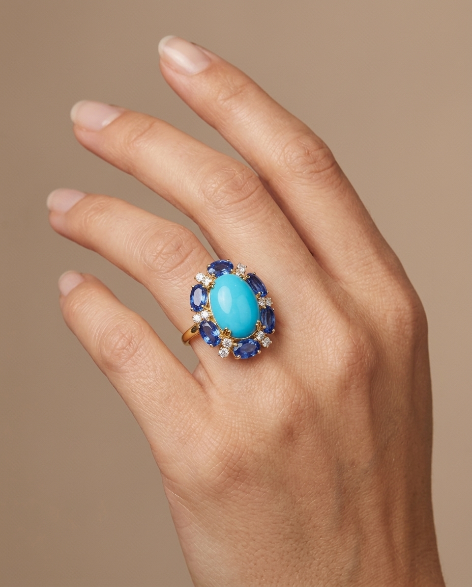 14KT Yellow Gold Blue SAPPHIRE, Turquoise and Diamond Ring on model