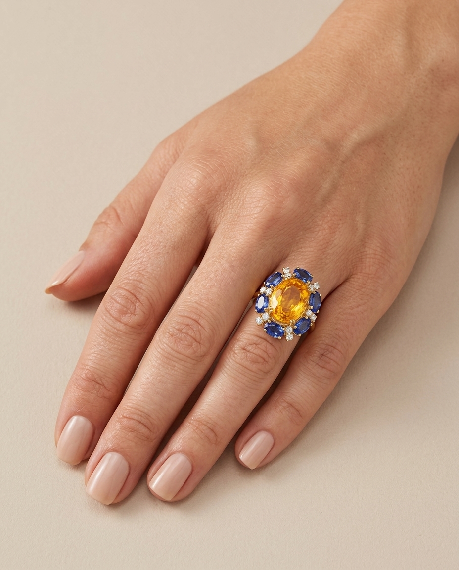 14KT Yellow Gold Blue SAPPHIRE, Citrine and Diamond Ring view 2