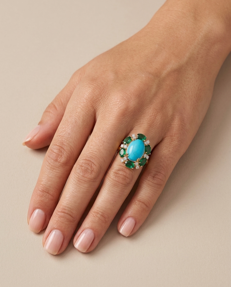 14KT Yellow Gold EMERALD, Turquoise and Diamond Ring on model