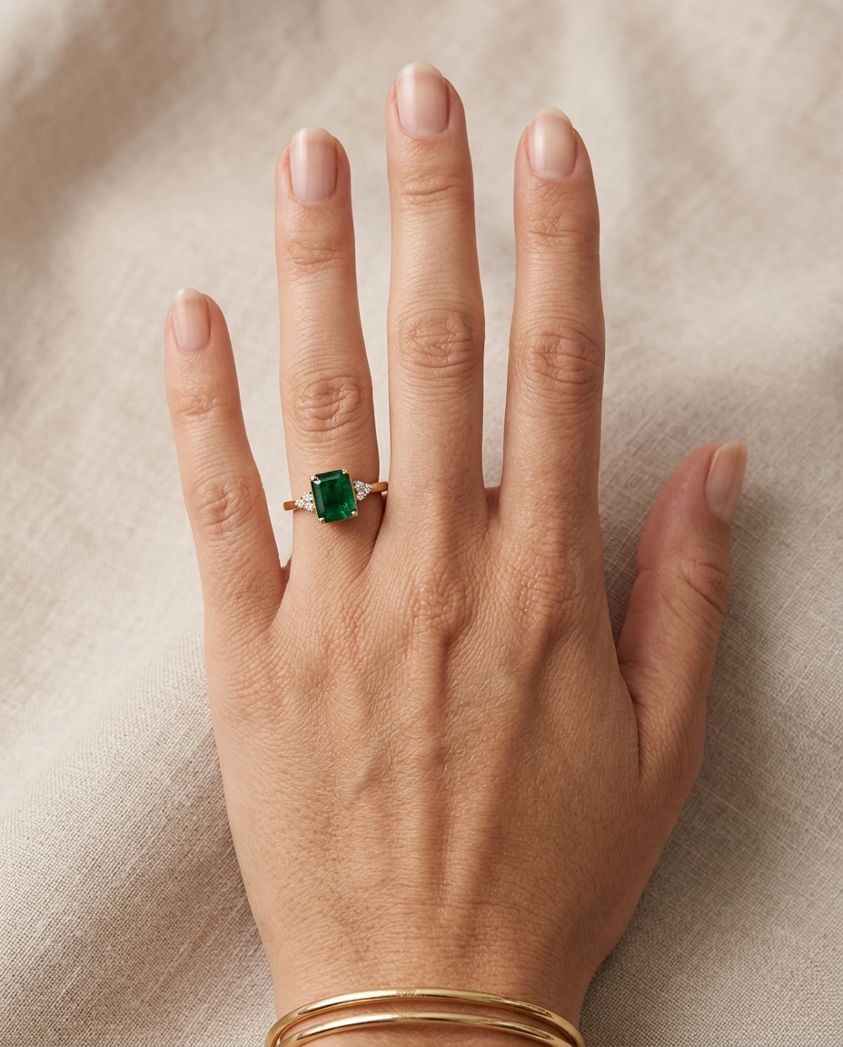 14KT Yellow Gold Emerald and Diamonds Ring on model